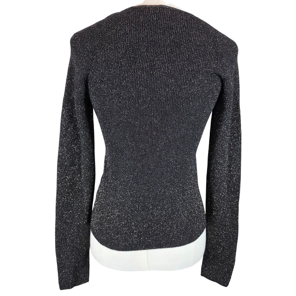 VINCE Black V-Neck Ribbed Sweater w/Metallic Shimmer Thread - Picture 4 of 10